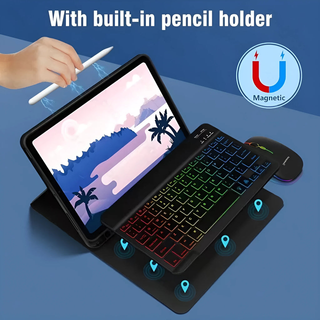 Luminous RGB Bluetooth keyboard iPad case in black leather sheath with shockproof TPU protection and stand feature