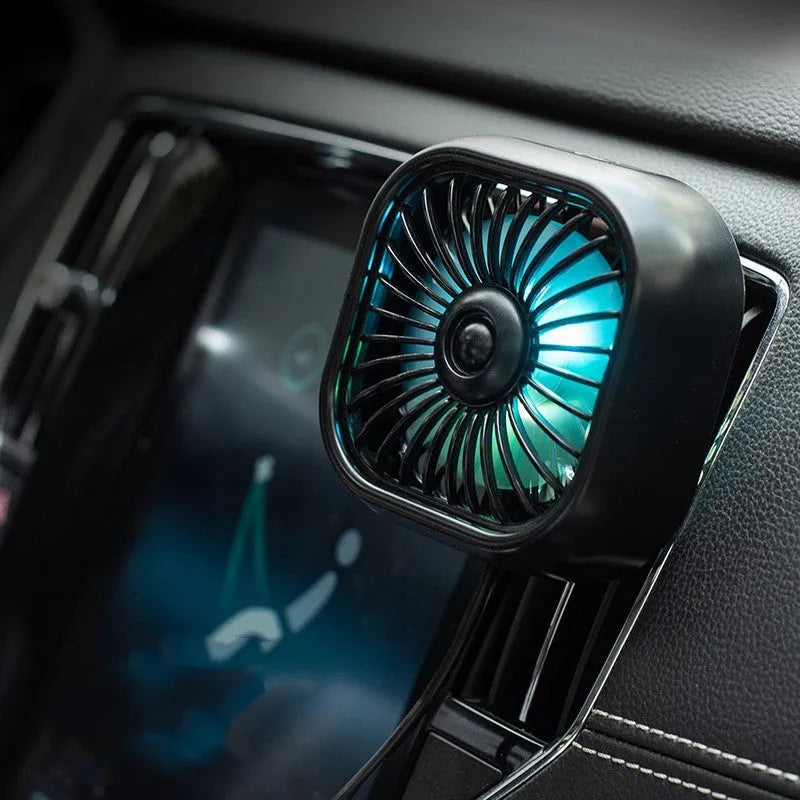 USB car fan with keyboard controls and three speed settings in black colour