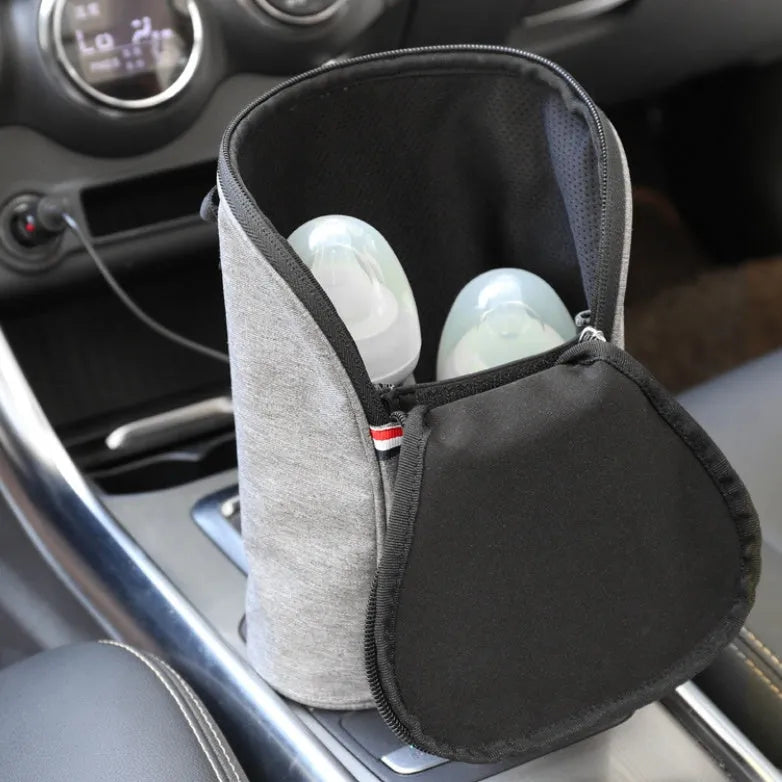 Grey portable car USB baby bottle warmer with digital display and hanging buckle for travel