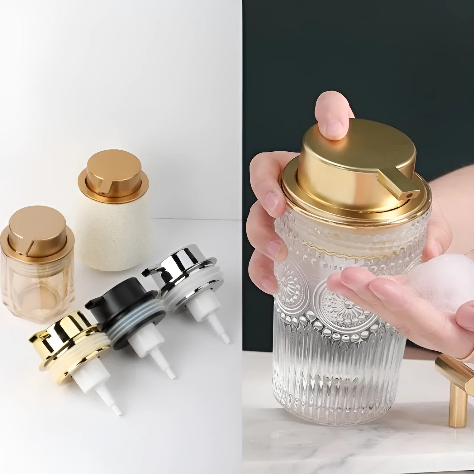 ABS plastic foam pump head in Matte Black and Bright Gold for liquid soap dispensing