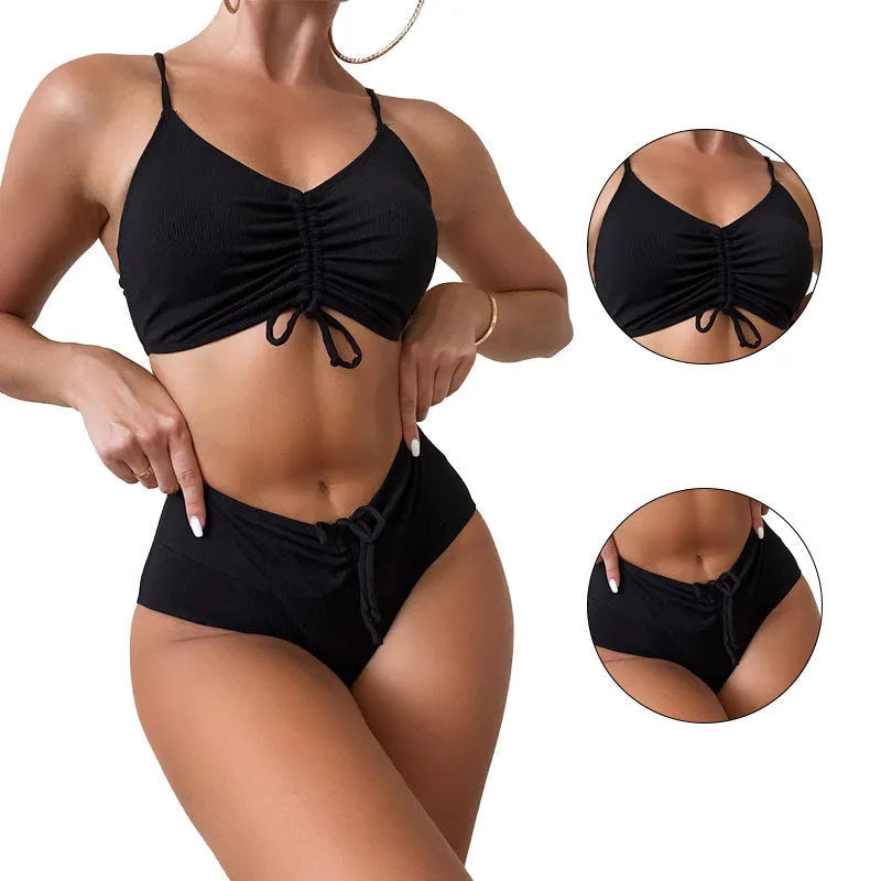 Black high waist bikini swimsuit with sling split design for women