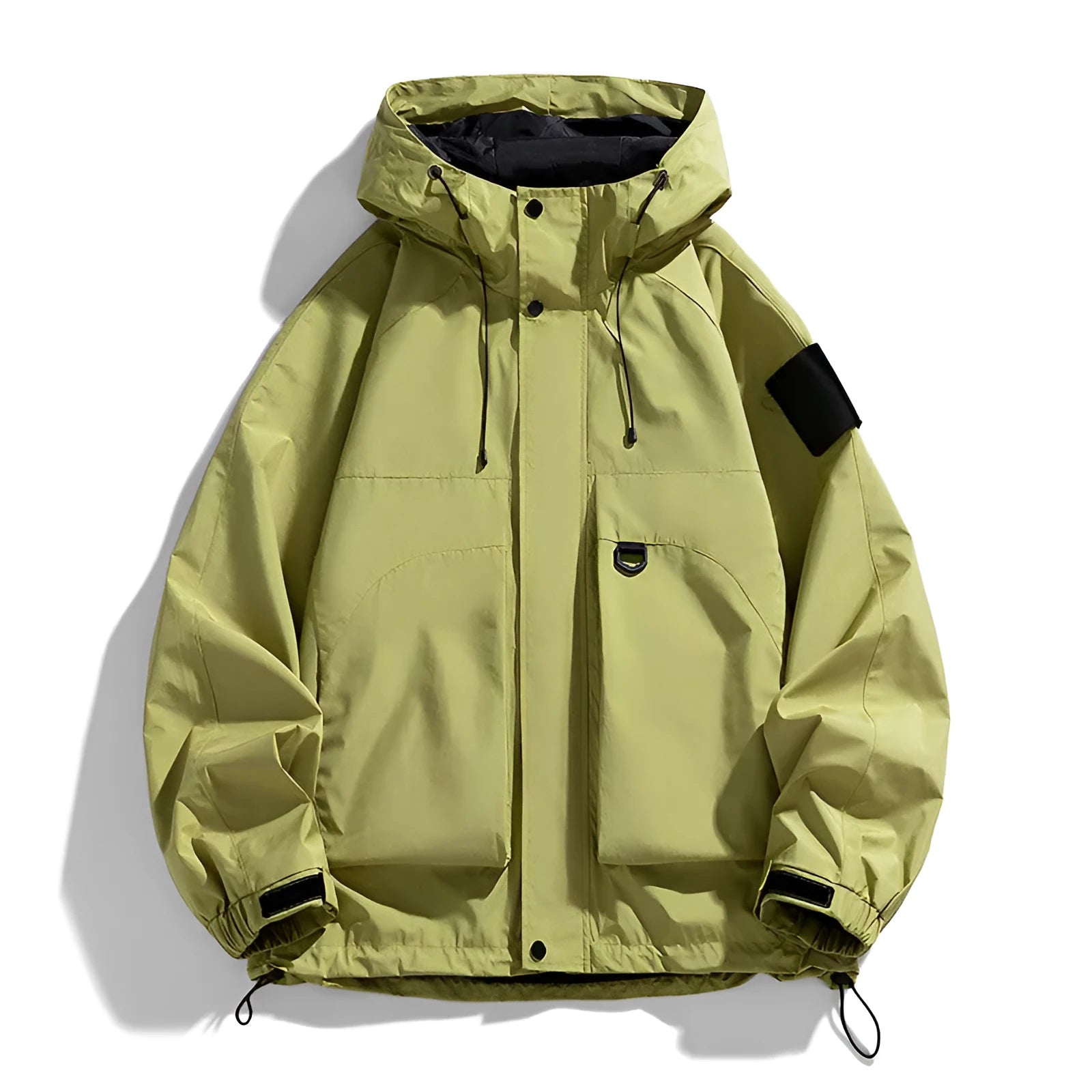 Men's black waterproof hooded jacket with long sleeves and regular length fit