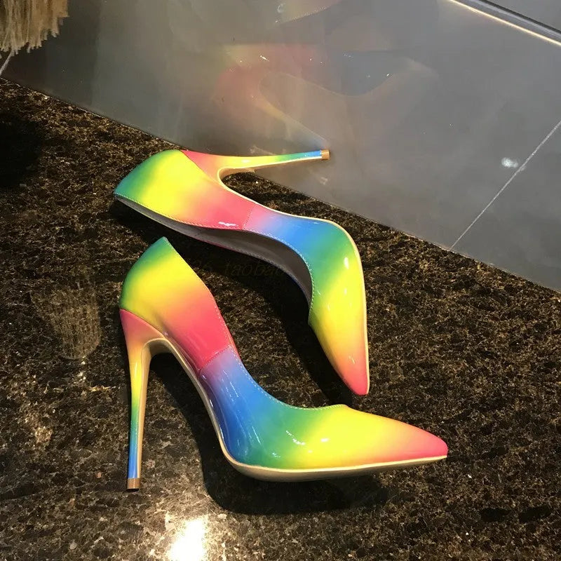Rainbow patent leather women's ultra-high heel stiletto shoes with pointed toe