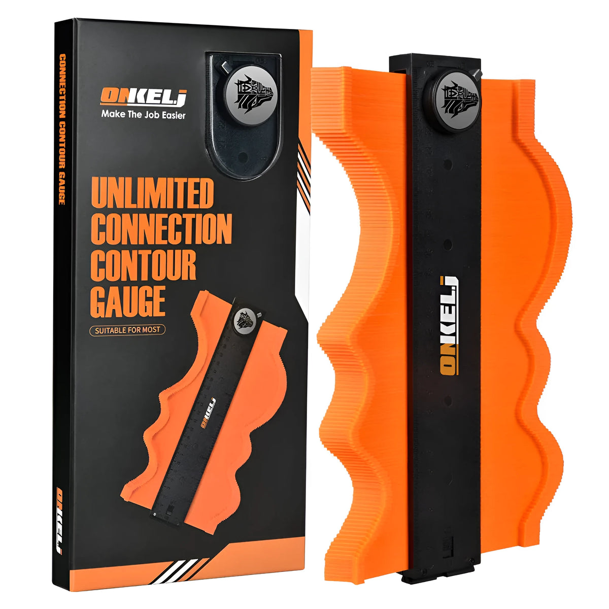 10-inch contour gauge tool with stainless steel pins and belt lock for profile measurement