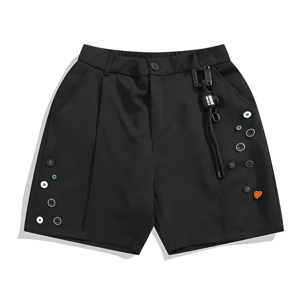 Man's black loose-fitting semi-elastic casual shorts with straight leg.