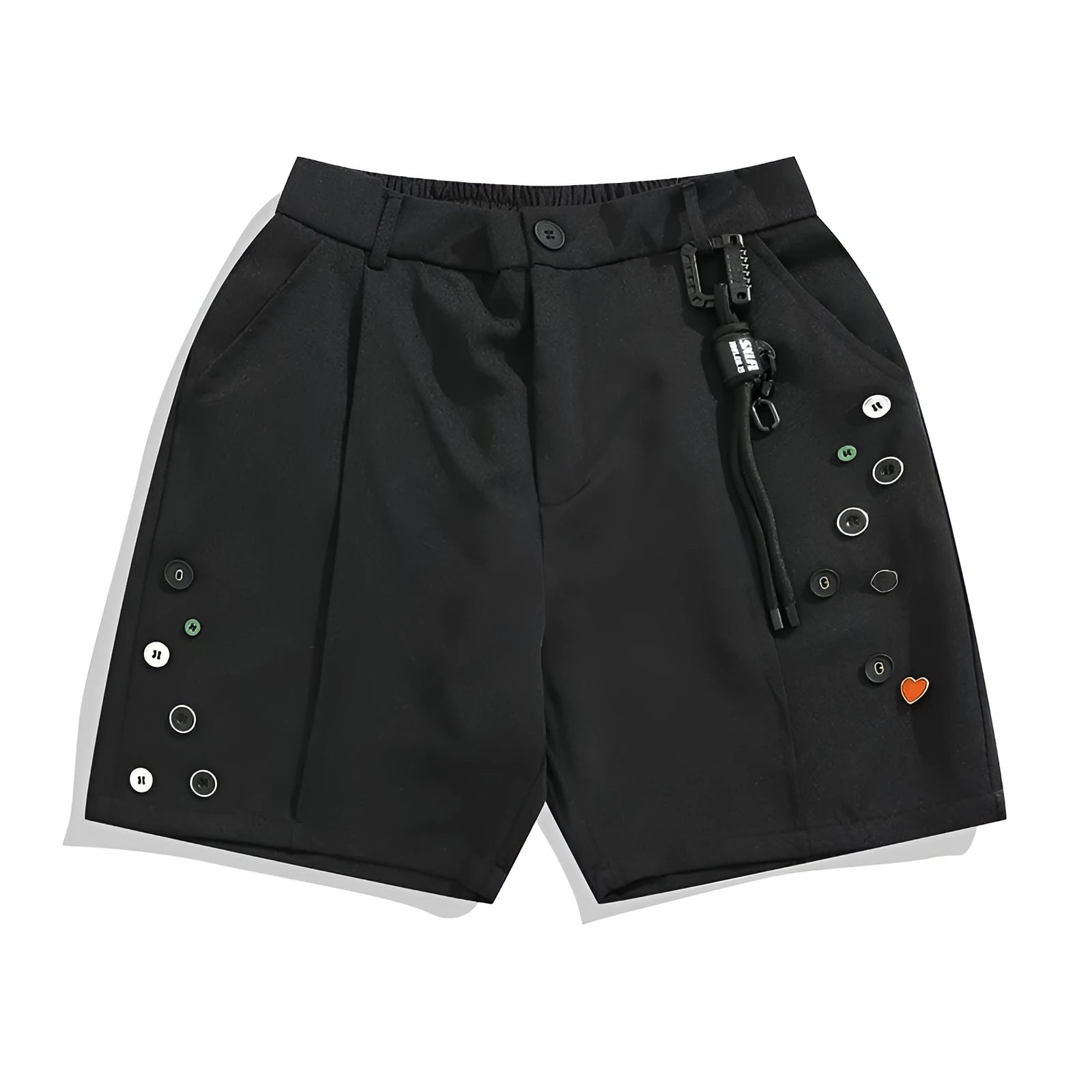 Man's black loose-fitting semi-elastic casual shorts with straight leg.