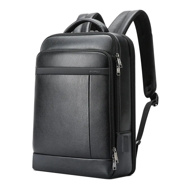 Black cowhide leather business backpack with USB interface and curved shoulder straps