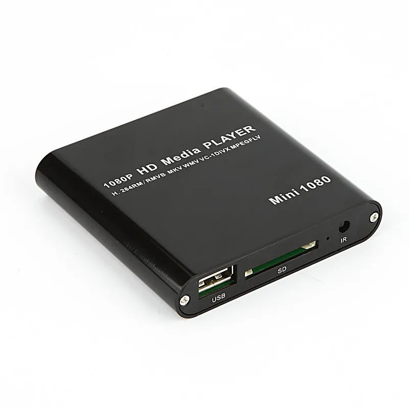 Compact black HDMI media player with USB port and remote control for 1080P video playback