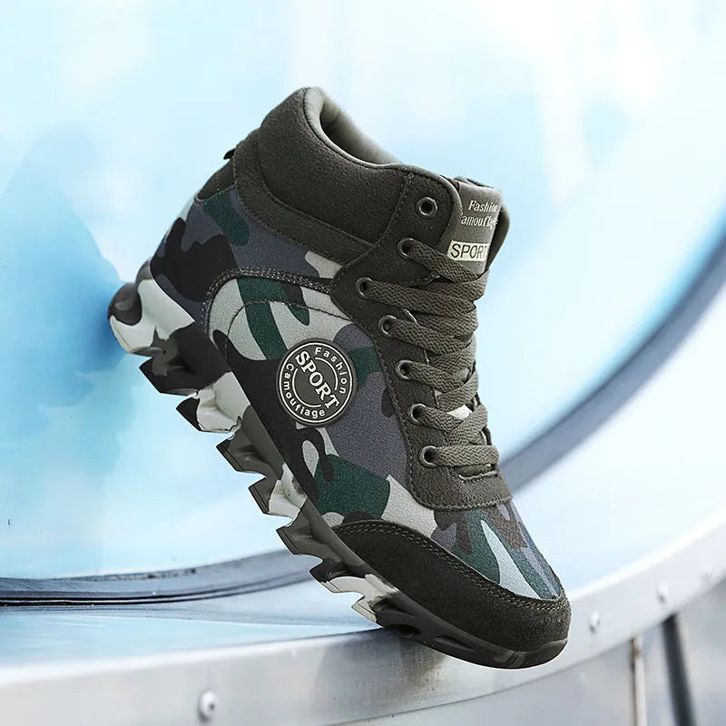 Green camouflage pattern women's canvas trainers with a raised rubber sole.