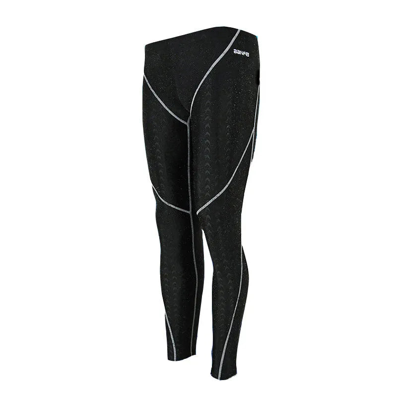 Men's black nylon cropped swimming trunks on a size chart showing M to XXXL.