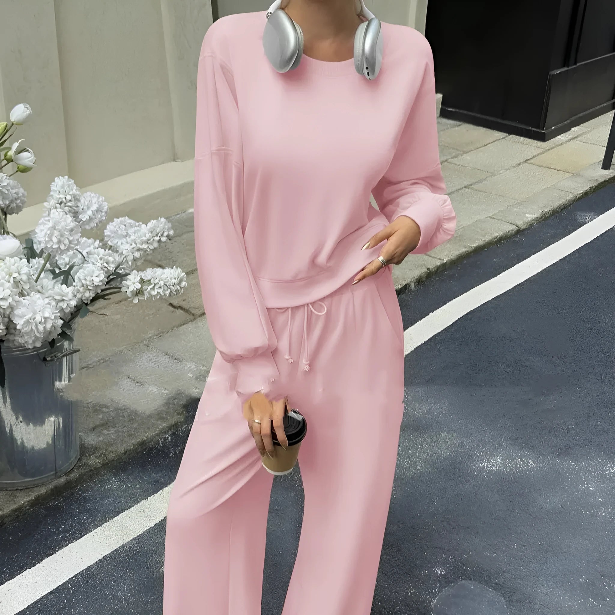Women's solid colour polyester trousers set with long sleeve top and matching pants