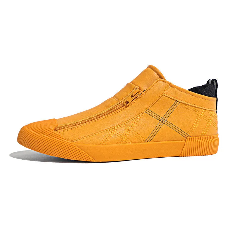 Breathable casual leather shoes with microfibre upper, side zipper, rubber sole, flat square heel, round toe, in black, beige or yellow
