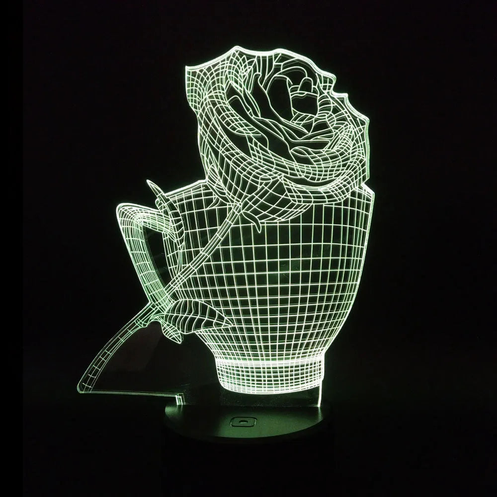 3D rose flower night light with acrylic design and ABS base showing colour changing options