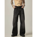 Black loose straight jeans with American retro styling and zipper fly closure