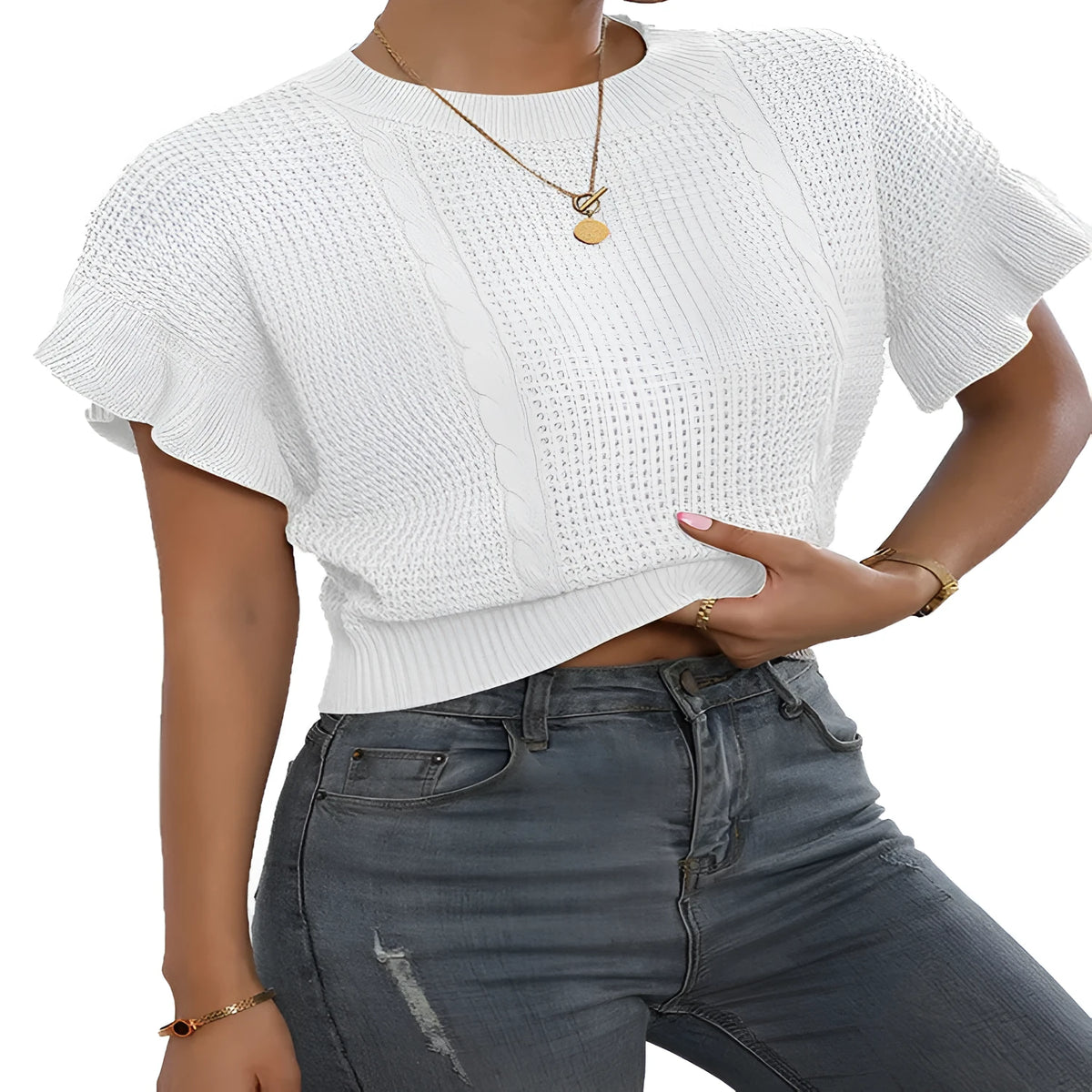 Twisted string design knitted pullover with ruffle short sleeves and round neck in loose Japanese Korean casual style