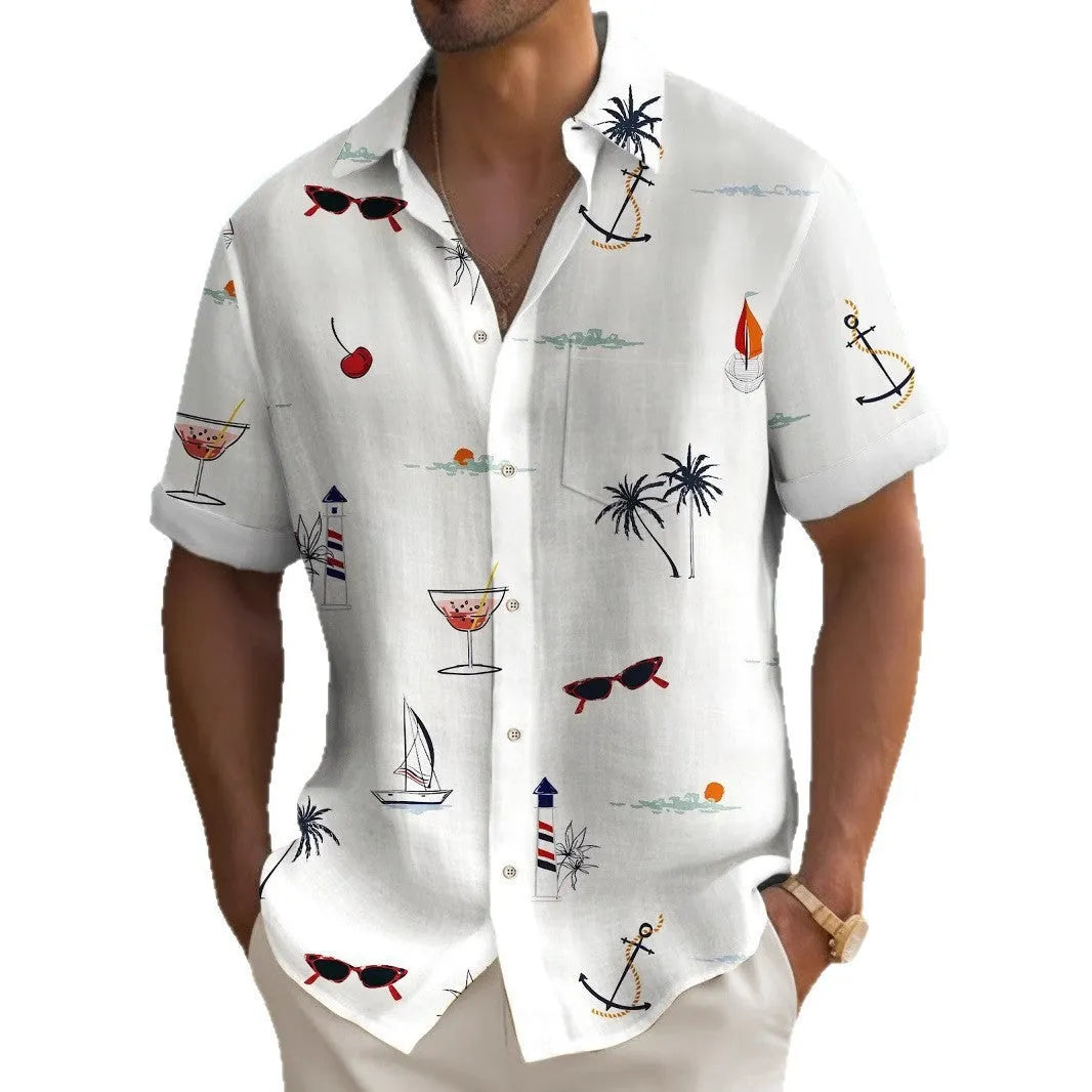 Man wearing a loose fit, short sleeve Hawaiian shirt with a vibrant digital print pattern.