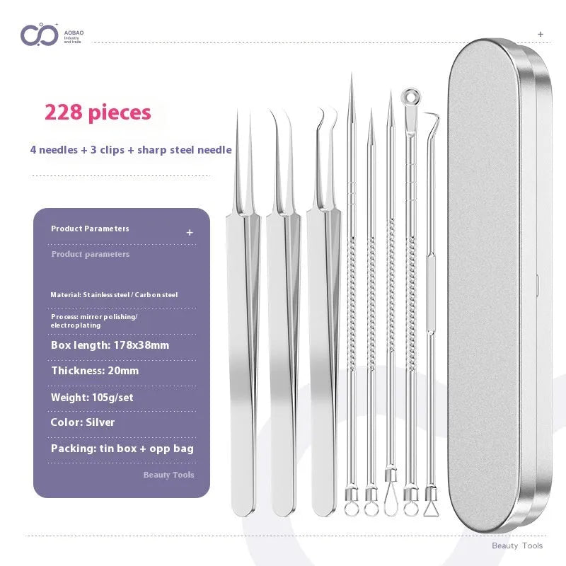 Four silver metal acne needles and a handling clip laid out on a clean surface.