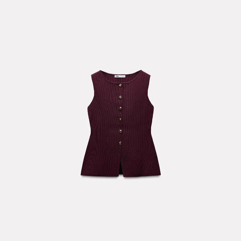 Women's slim fit dark red viscose sweater vest with 3D pattern texture