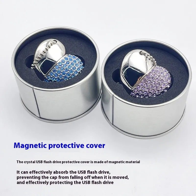 Blue brick pattern heart-shaped metal USB flash drive showing front design and USB connector