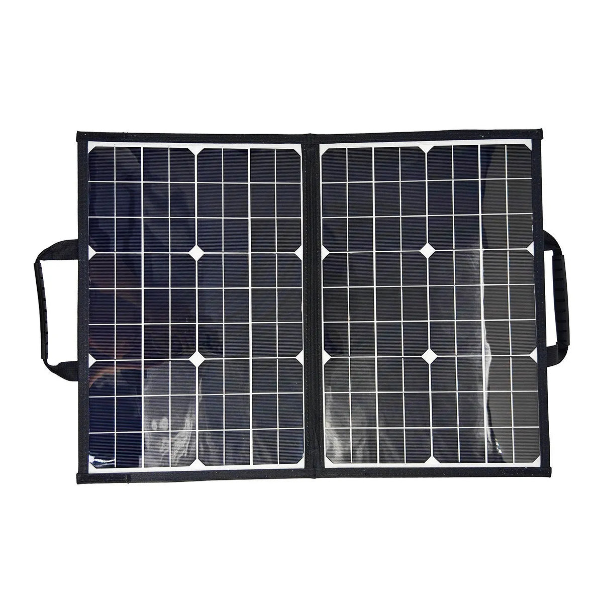 Black folding solar panel bag showing 40W single crystal cells and compact 425mm folded dimensions