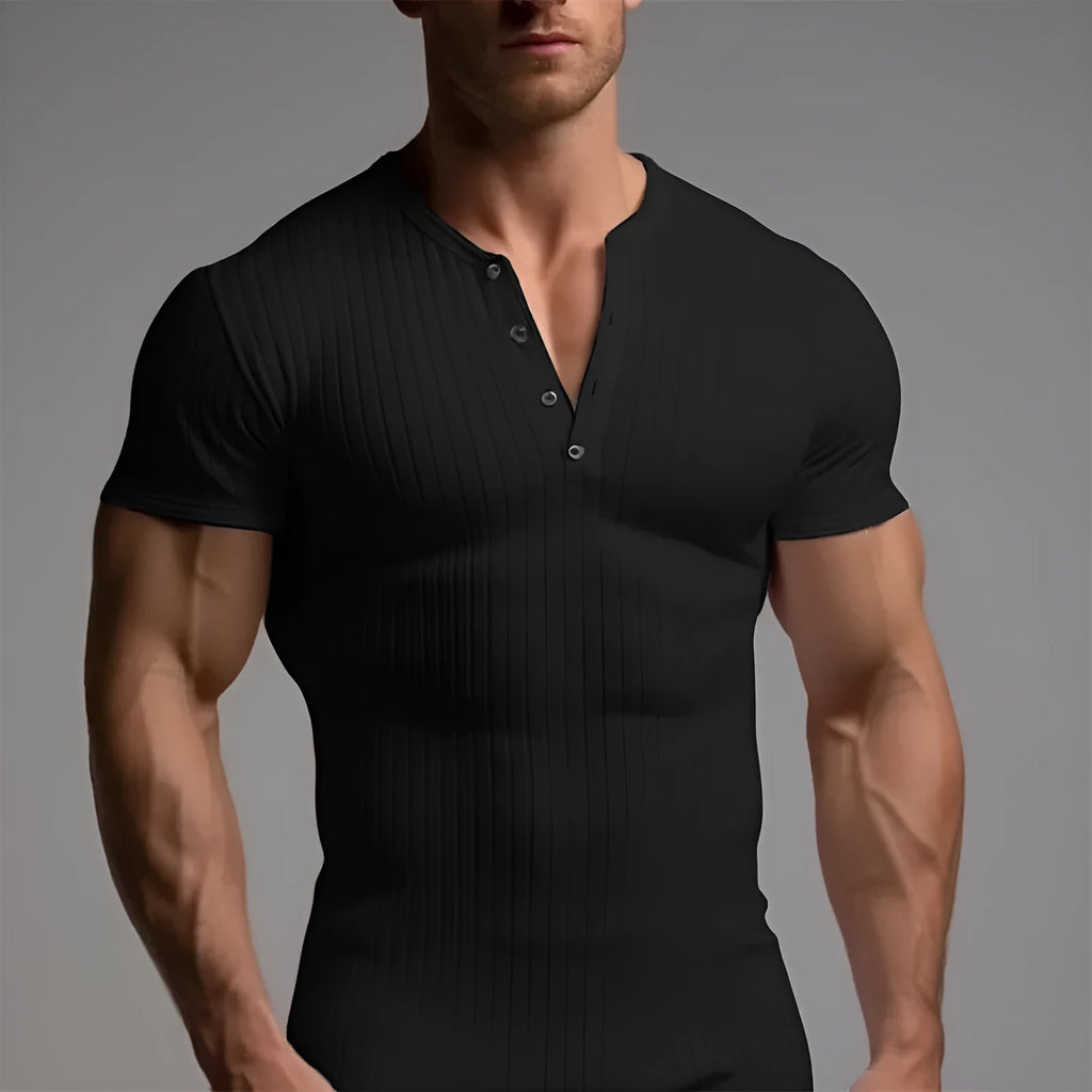 Men's slim-fit short-sleeved muscle T-shirt in polyester, shown in army green colour.