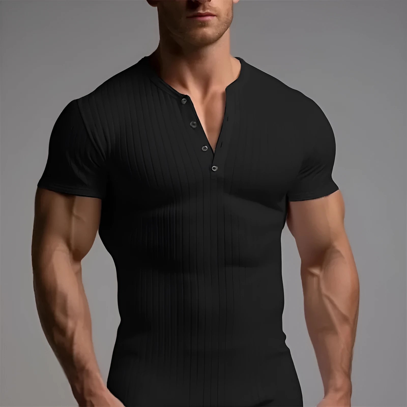 Men's slim-fit short-sleeved muscle T-shirt in polyester, shown in army green colour.