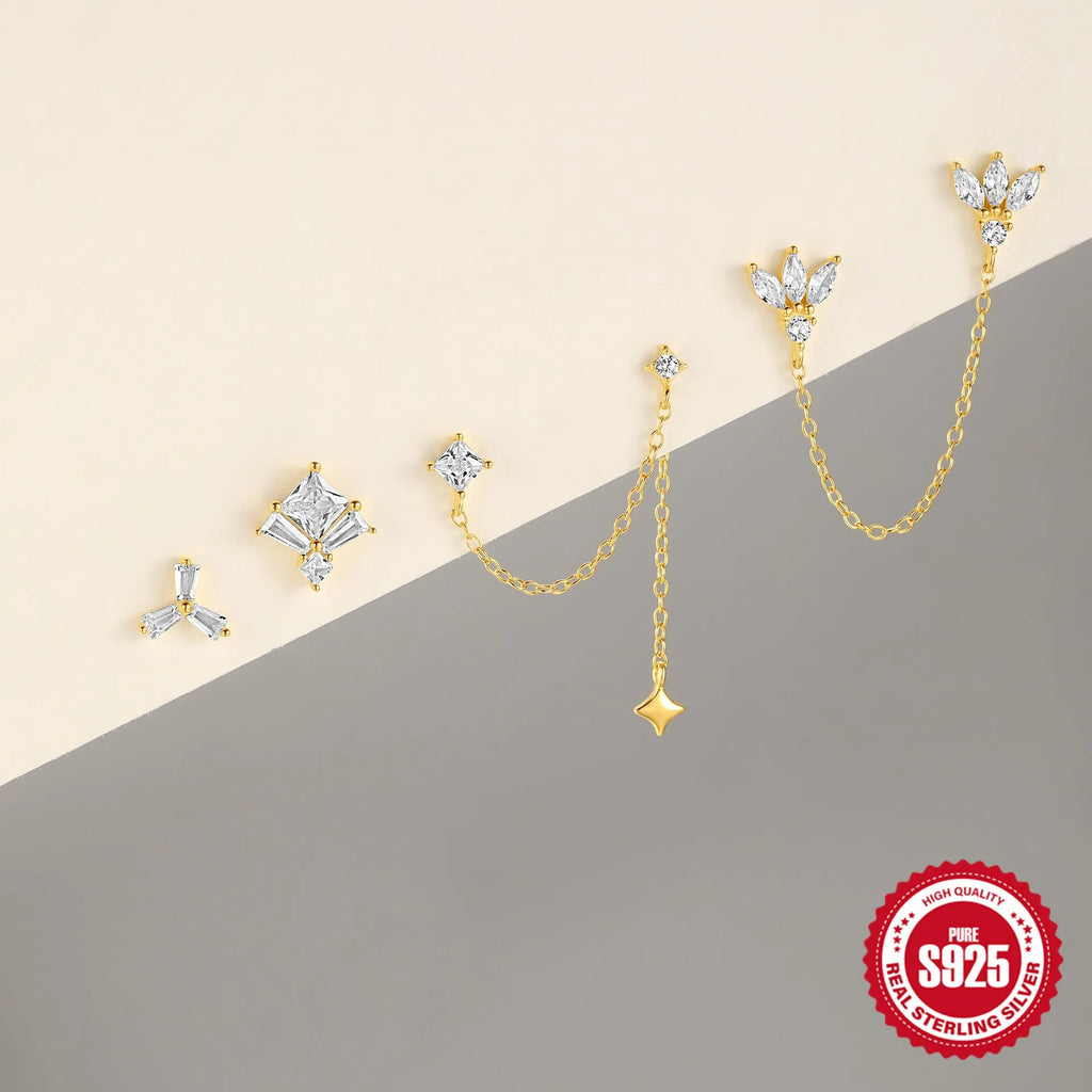 S925 sterling silver stud earrings with zircon stones in golden geometric designs