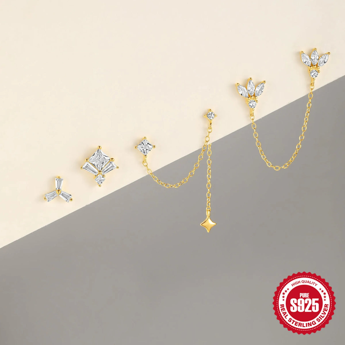 S925 sterling silver stud earrings with zircon stones in golden geometric designs