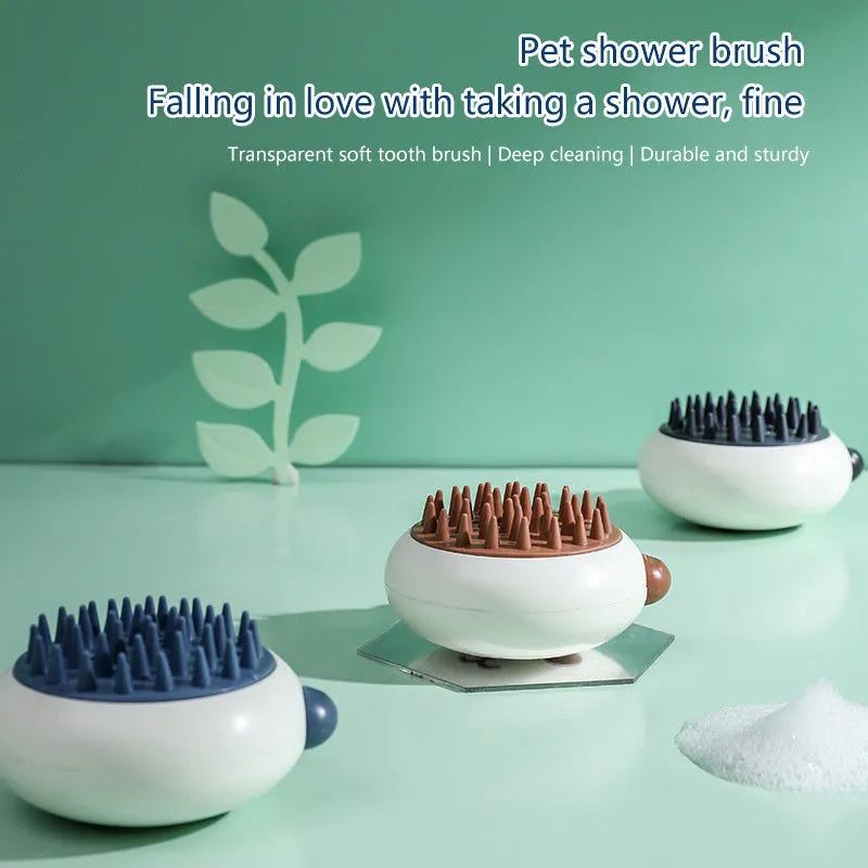 Panda-shaped silicone pet bath brush in black, blue, or khaki colour options