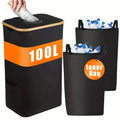Black bamboo-framed Oxford cloth storage basket with removable lid, bottle holder, and inner pockets.