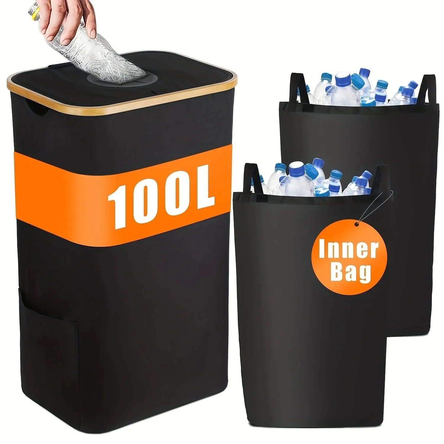 Black bamboo-framed Oxford cloth storage basket with removable lid, bottle holder, and inner pockets.