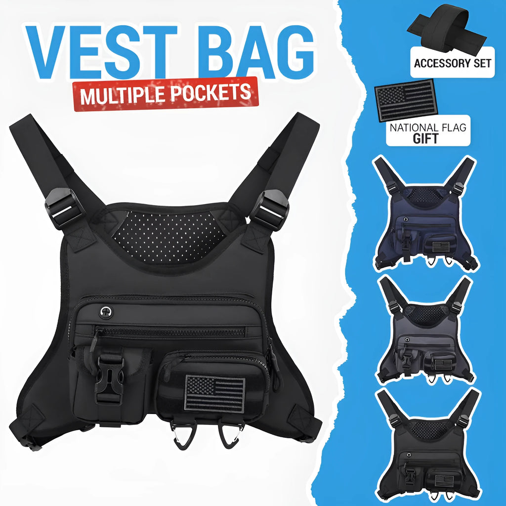 Men's Oxford cloth outdoor sports chest bag in blue, designed as a breathable riding vest.