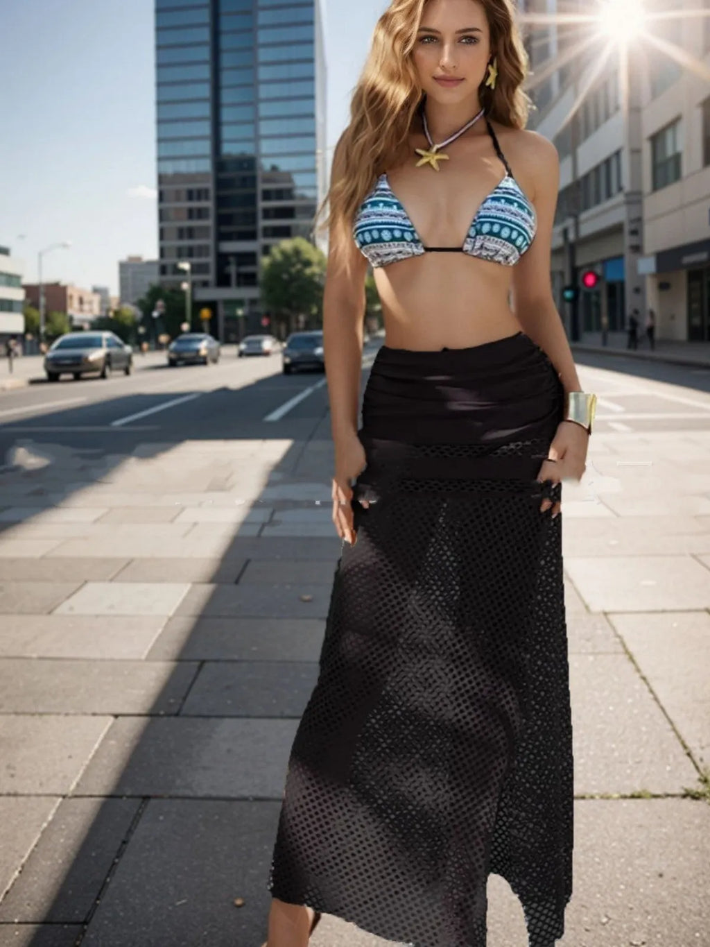 Women's brown gradient fishnet long skirt bikini three-piece set displayed on mannequin
