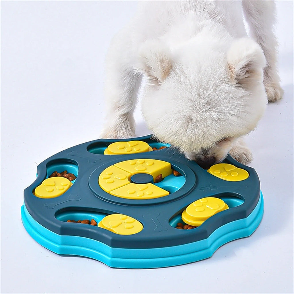 Blue dog puzzle feeder bowl with removable difficulty components for interactive slow feeding