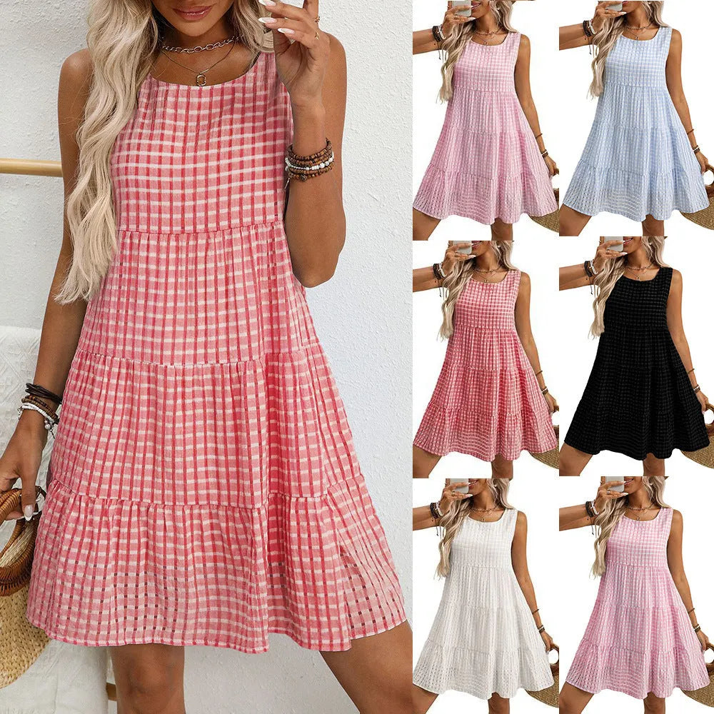 Women's sleeveless plaid dress with lining, high waist, and an oversized swing skirt in light blue.