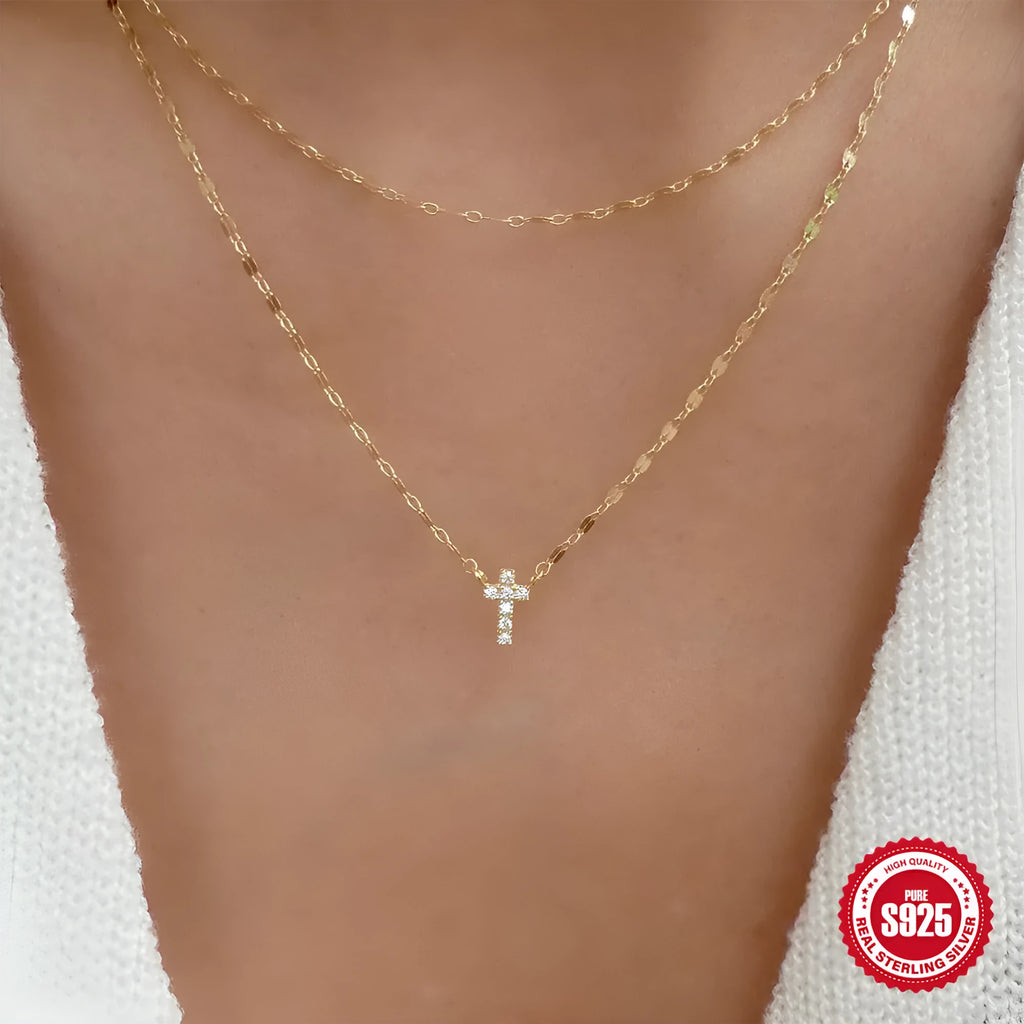 S925 sterling silver necklace with double layer twin diamond cross pendant on clavicle chain