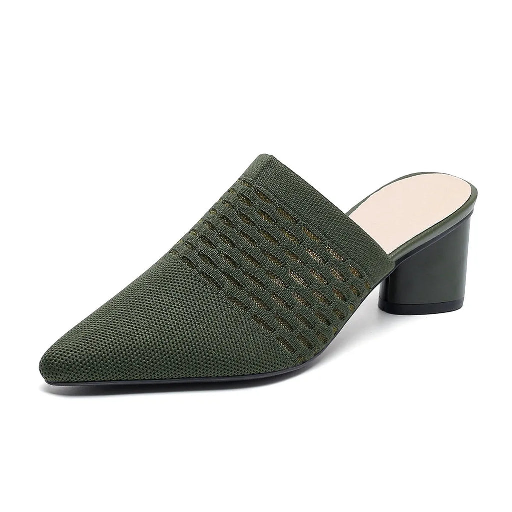 Women's pointed toe sandals with toe cap design, 5cm chunky heel, fabric upper in fishing line colours