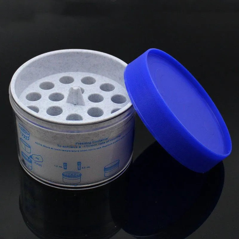 Laboratory process cooling box with orange metal block and blue plastic cover for gradient freezing applications