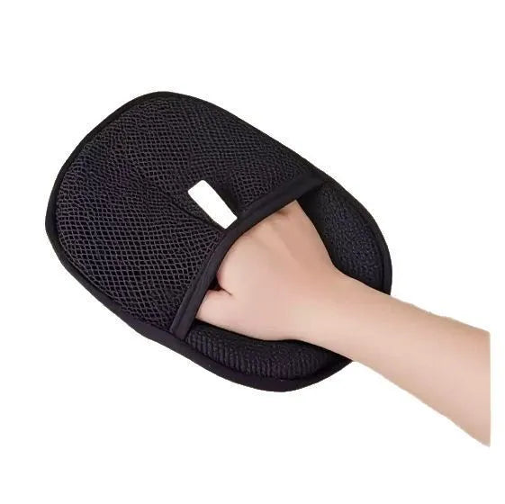 Black pet hair remover mitt with dual-sided silicone bristles for dog and cat grooming