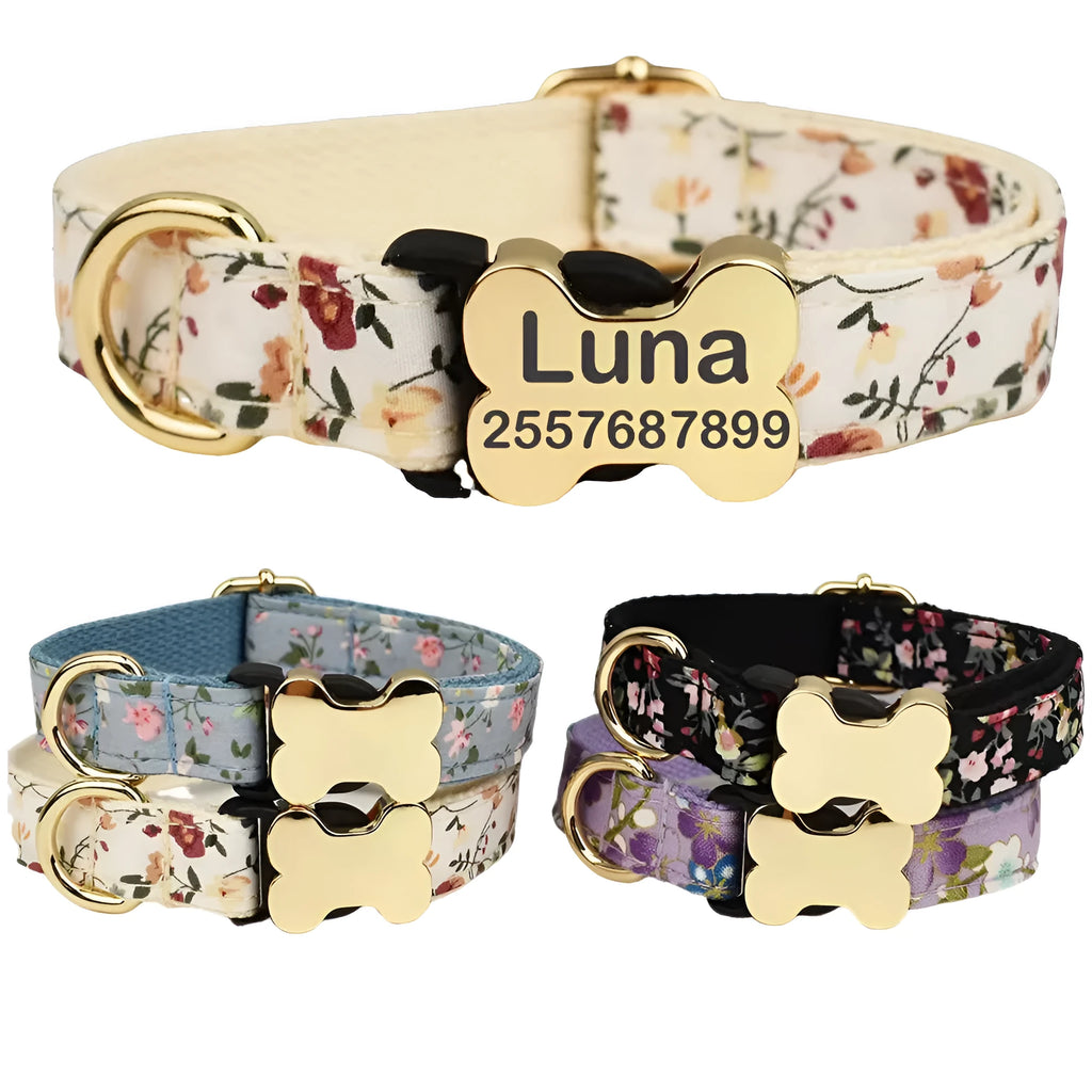Nylon dog collar with printed grid pattern and bone-shaped buckle in multiple colour options