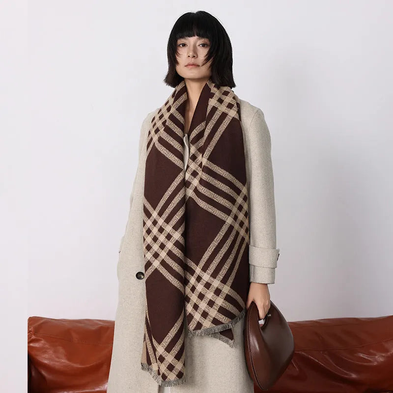 Imitation cashmere scarf with tassels in brown colour showing full 185cm length