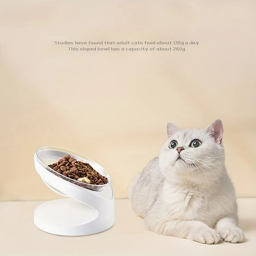 White elevated plastic cat food bowl with tilted design for anti-vomit feeding and neck protection