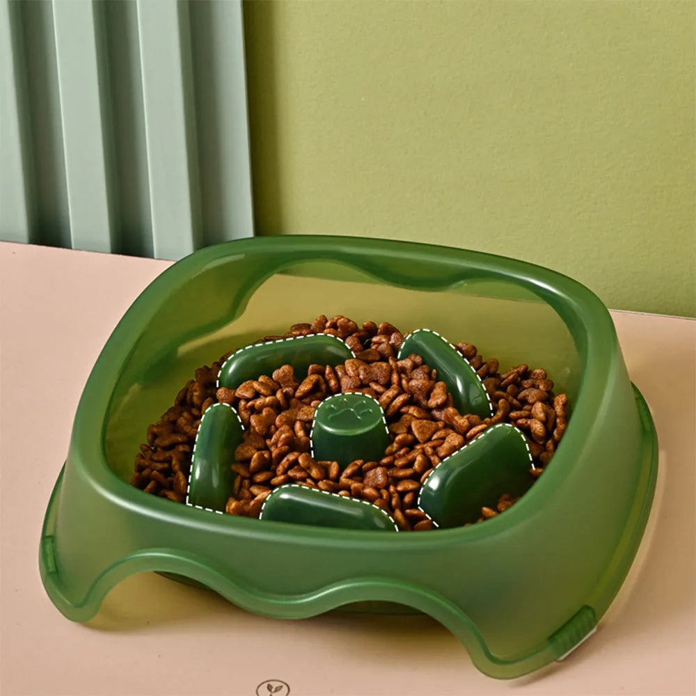 Plastic dog slow feeder bowl with maze pattern design in blue, grey, green or orange colours