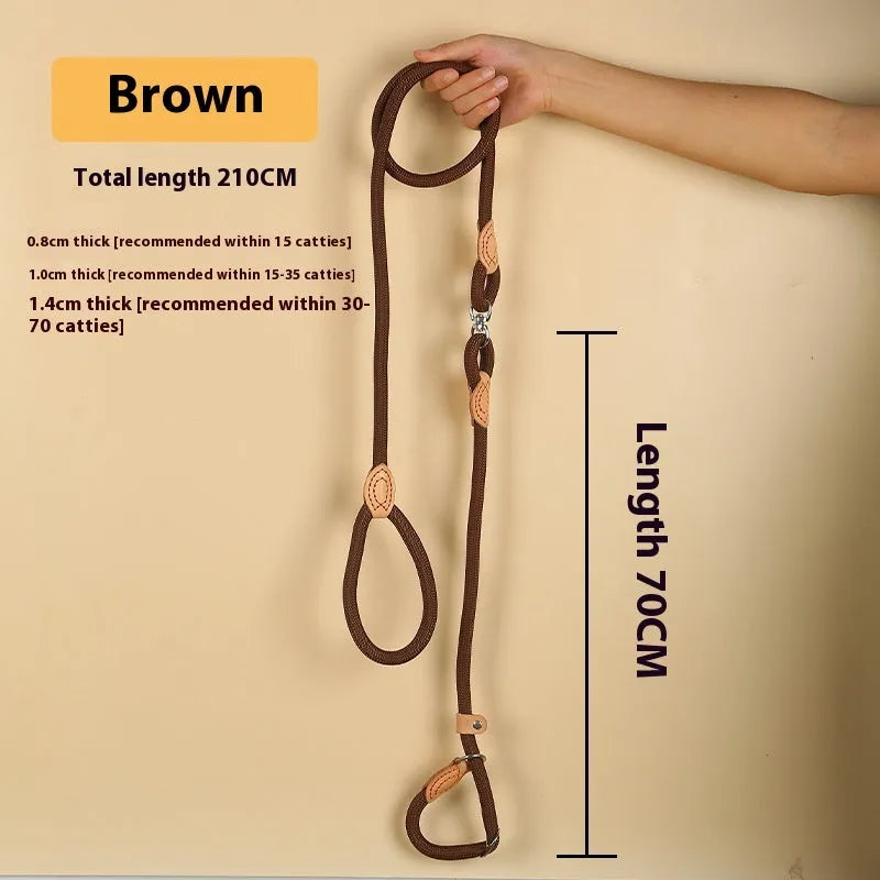 Brown nylon P-chain dog leash measuring 2.1 metres with hand holding rope