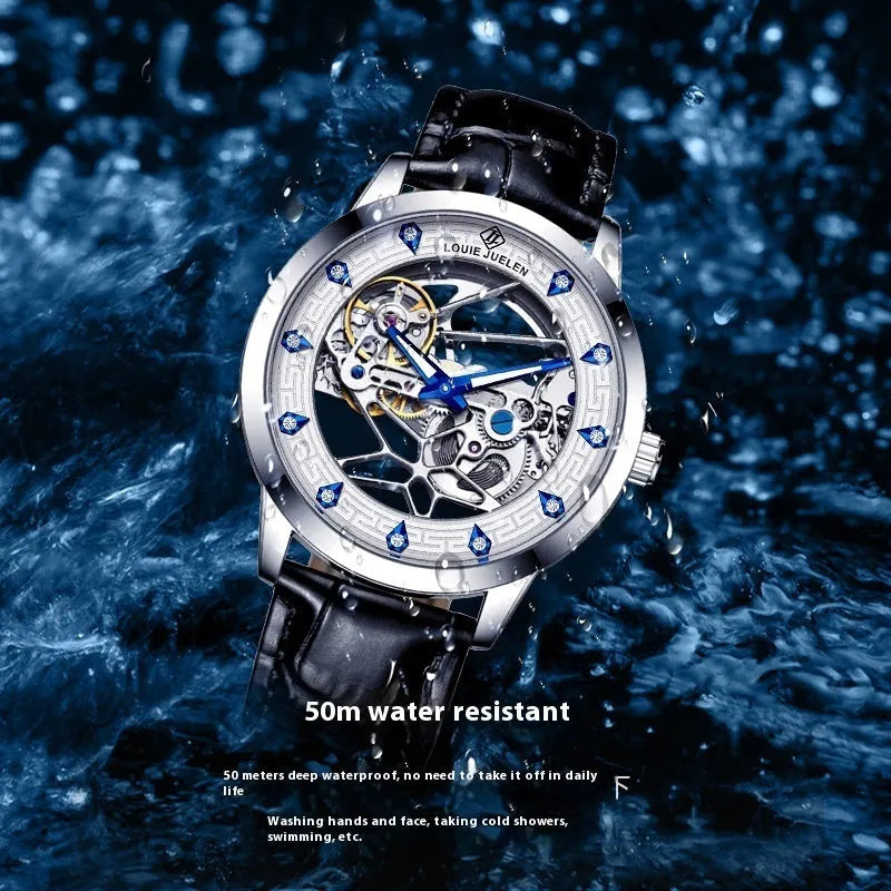 Men's silver mechanical watch with white dial blue luminous hands and brown genuine leather strap