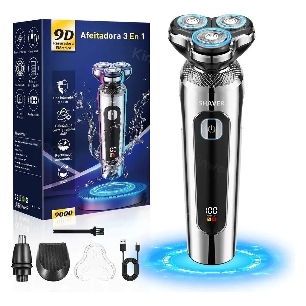Digital display USB rechargeable beard trimmer with washable floating cutter head on charging base
