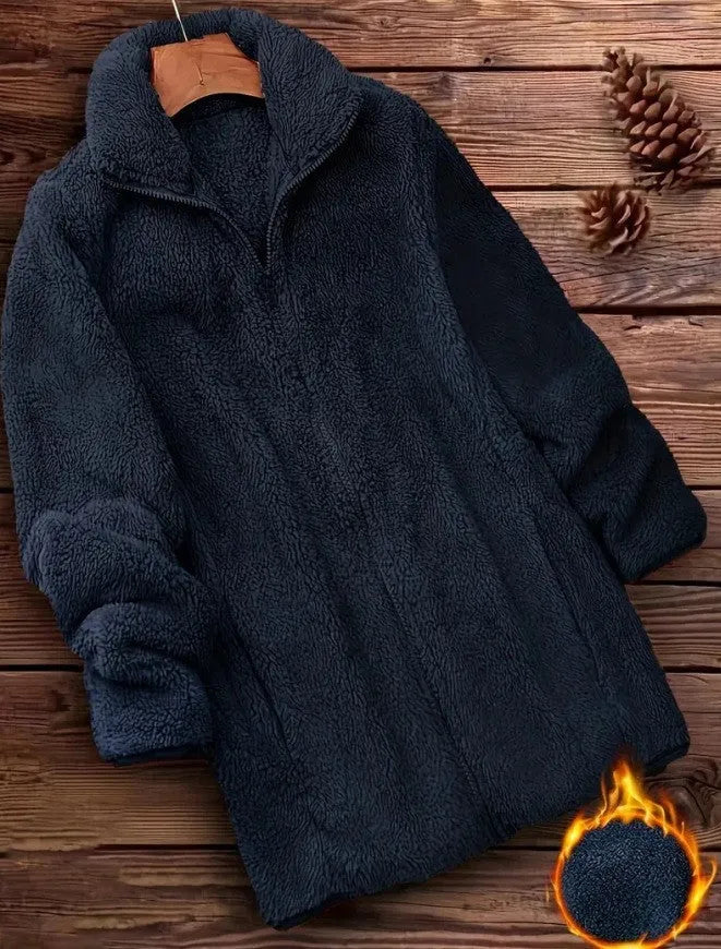Double-sided velvet fleece jacket in black, navy, or khaki on a hanger