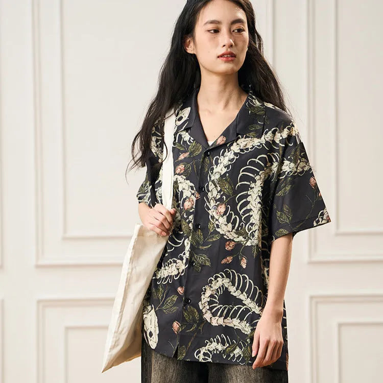 Men's loose fit short sleeve Cuban collar shirt with snake bone floral pattern print in assorted colours.