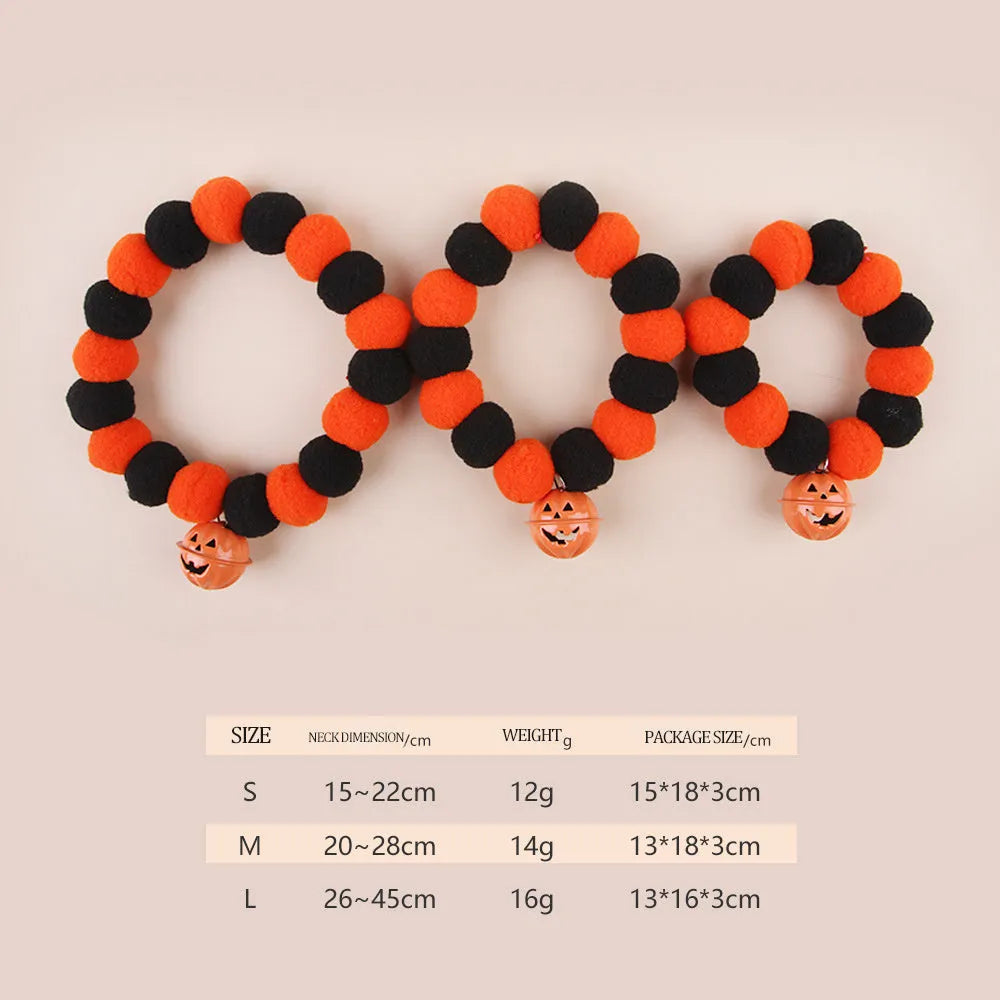 A pumpkin-themed adjustable cat collar for Halloween, shown in three sizes.