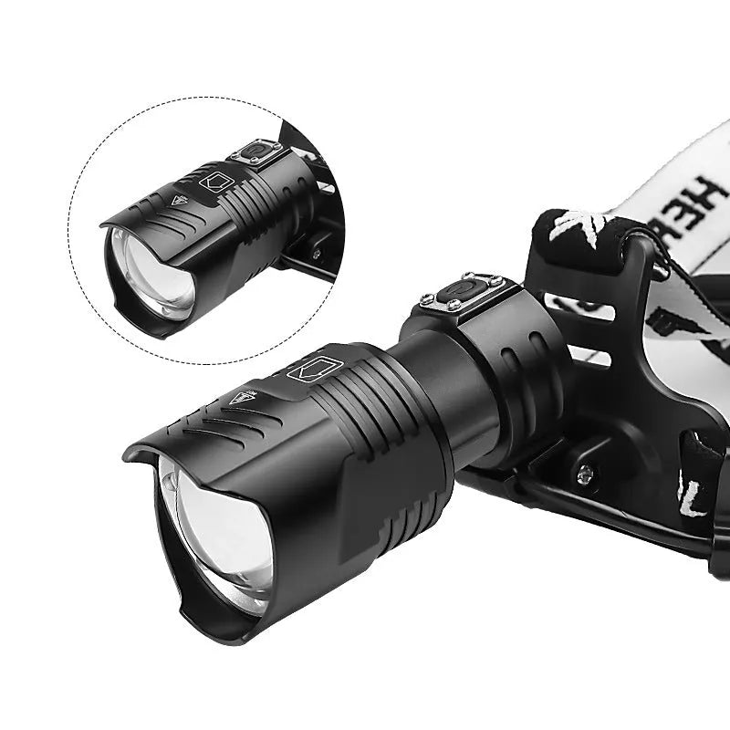 Black telescopic zoom headlight with USB charging port, power display, and carved texture on aluminium alloy body.